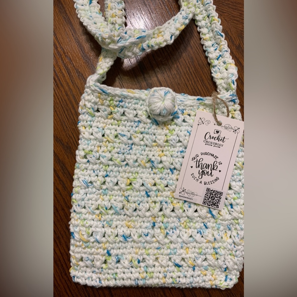 Crochet Crossbody Bag - White with Multicolor Accents Handmade Handcrafted